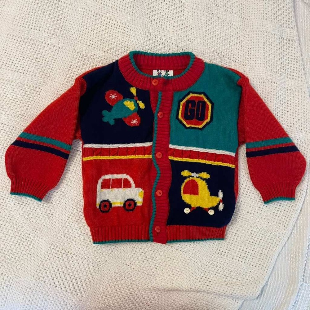 Creaciones Fiorella Vintage Kids Transportation Colorblock Knit Cardigan‎ Red 3T